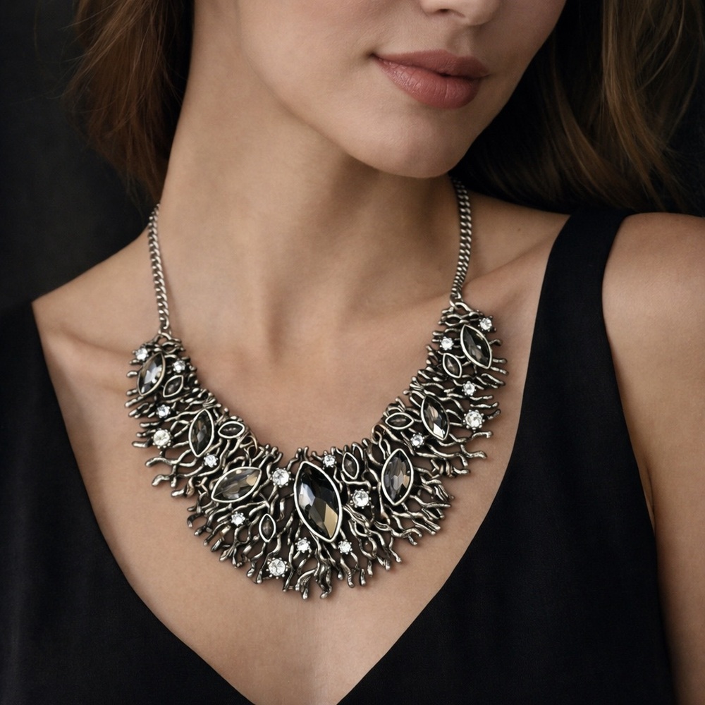 Natasha Gunmetal and Black Crystal Bib Necklace